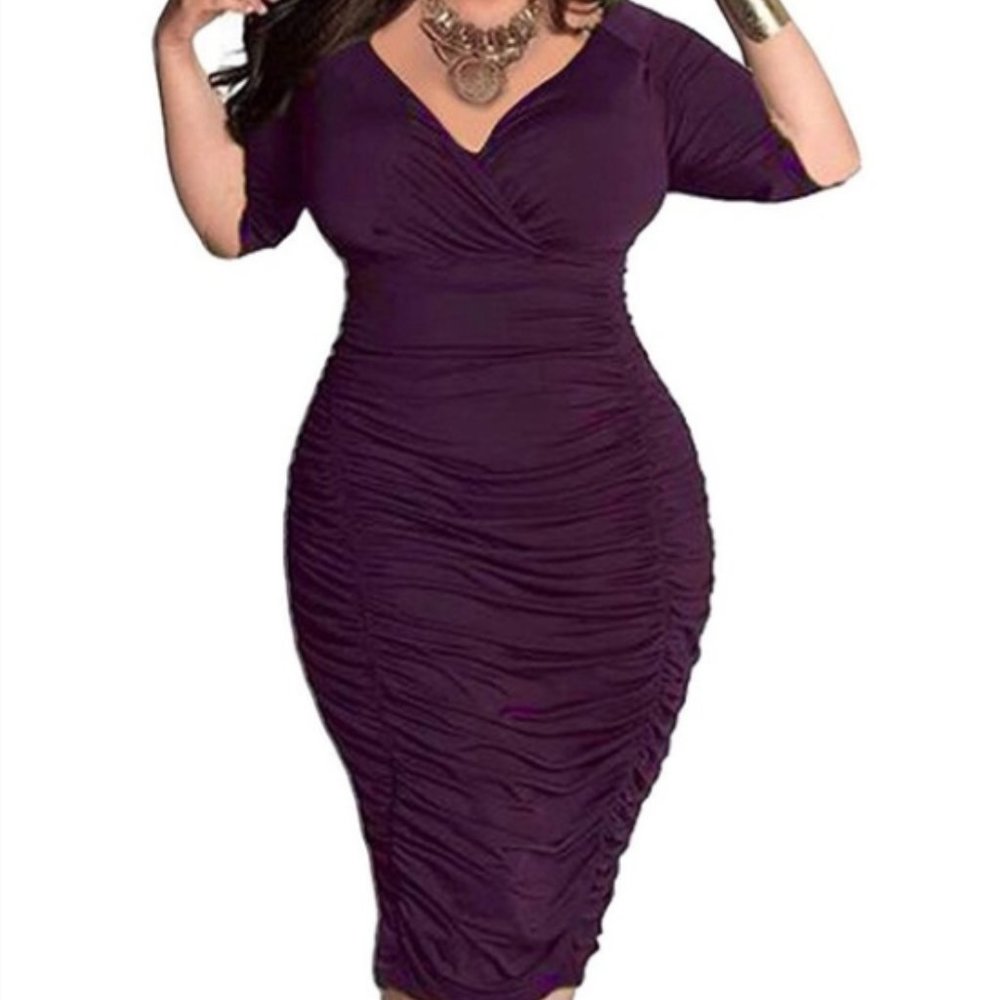 * Poseshe Deep V-Neck Ruched Bodycon Dress Stretch